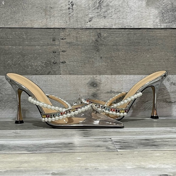 MACH & MACH Diamond Of Elizabeth Imitation Pearl Pointed Toe Mule Silver Sz-38/8 - Picture 2 of 14